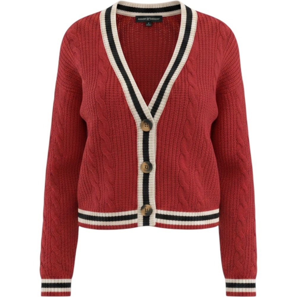 Almost Famous Red Cable Knit Cropped Cardigan Varsity Striped V-Neck Sweater M